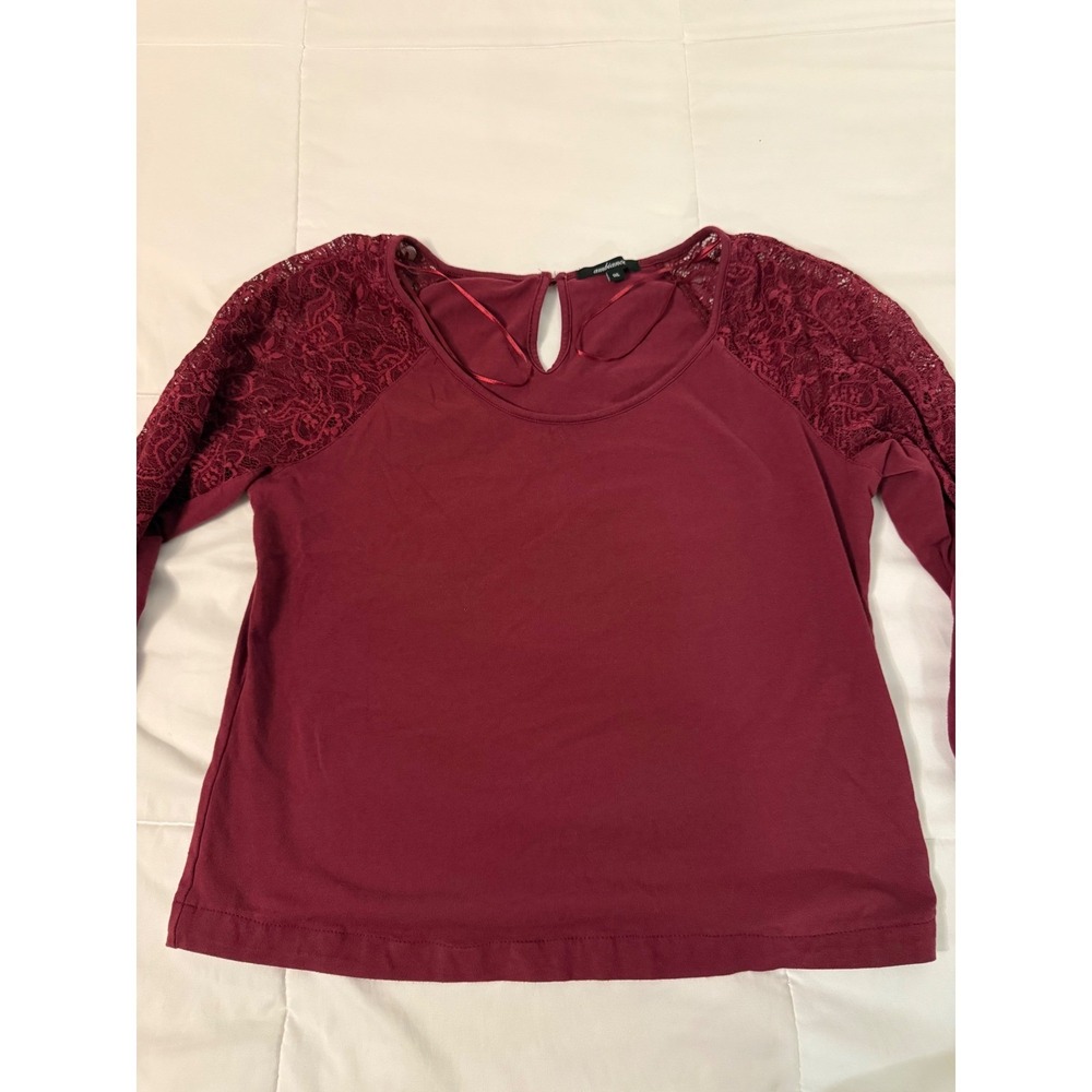 Ambiance Apparel Burgundy Lace Sleeve Top Womens 1XL Keyhole Back Maroon Blouse